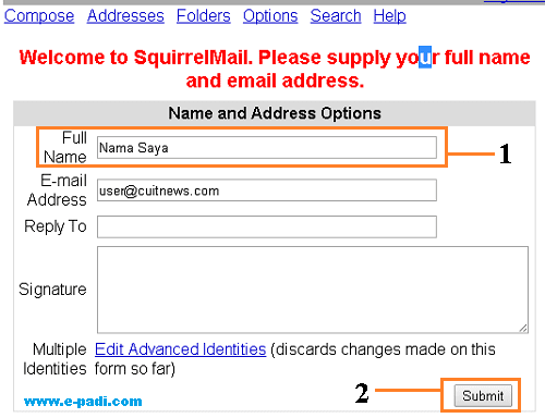 Pengisian data pribadi pada interface squirrelmail