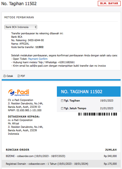 halaman tagihan hosting epadi - 1