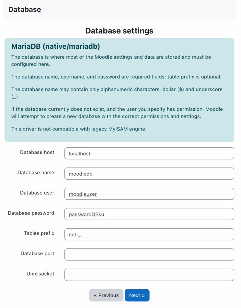 Install Moodle - Database settings by epadi