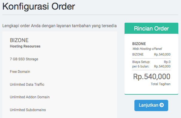 Halaman konfigurasi order hosting epadi