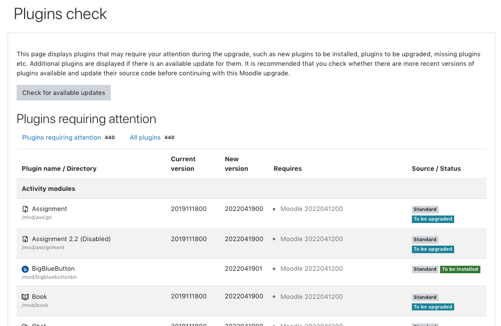 upgrade moodle plugins check top